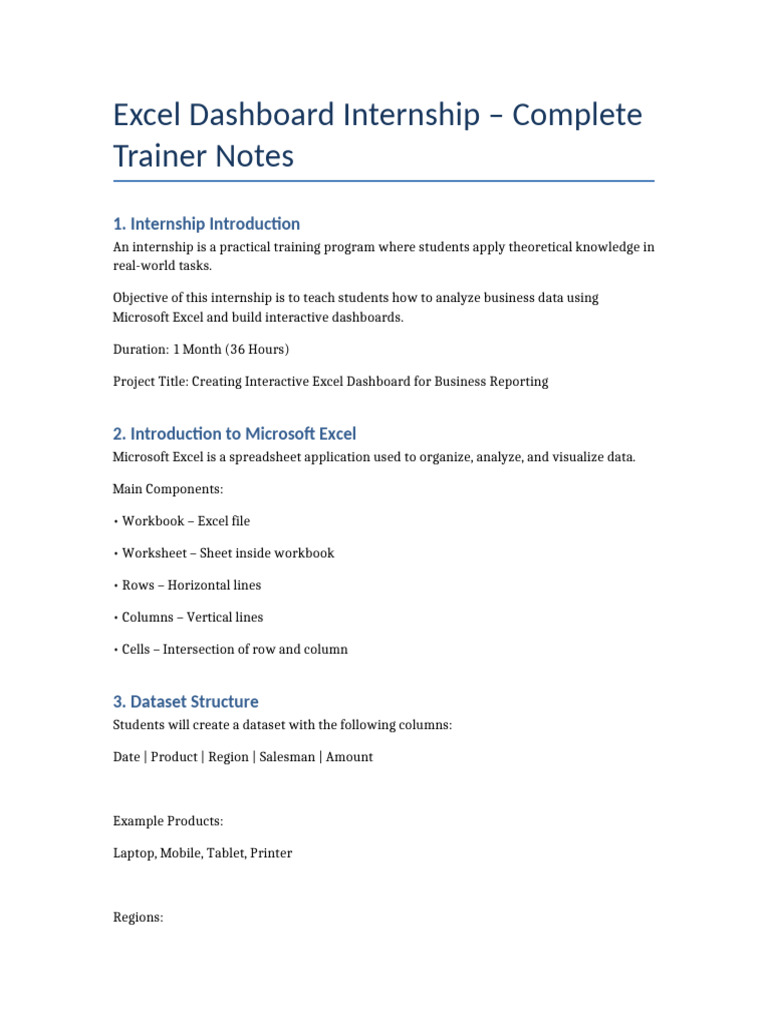 Excel Dashboard Internship Trainer Notes | PDF