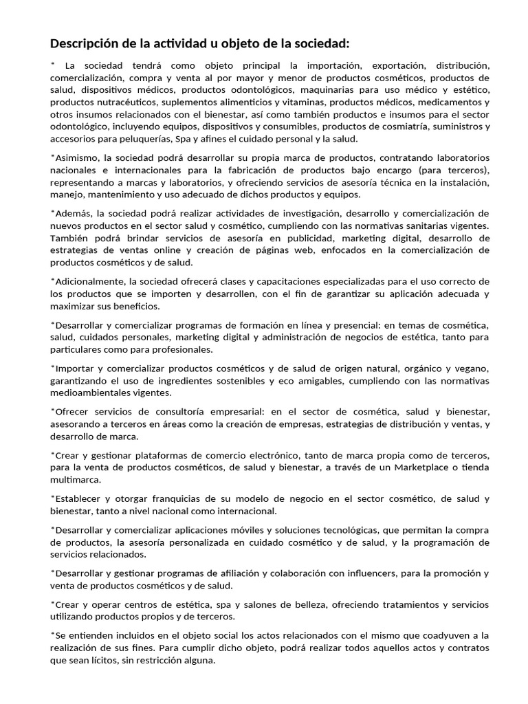 Descripción de La Actividad u Objeto de La Sociedad | PDF | Marketing ...