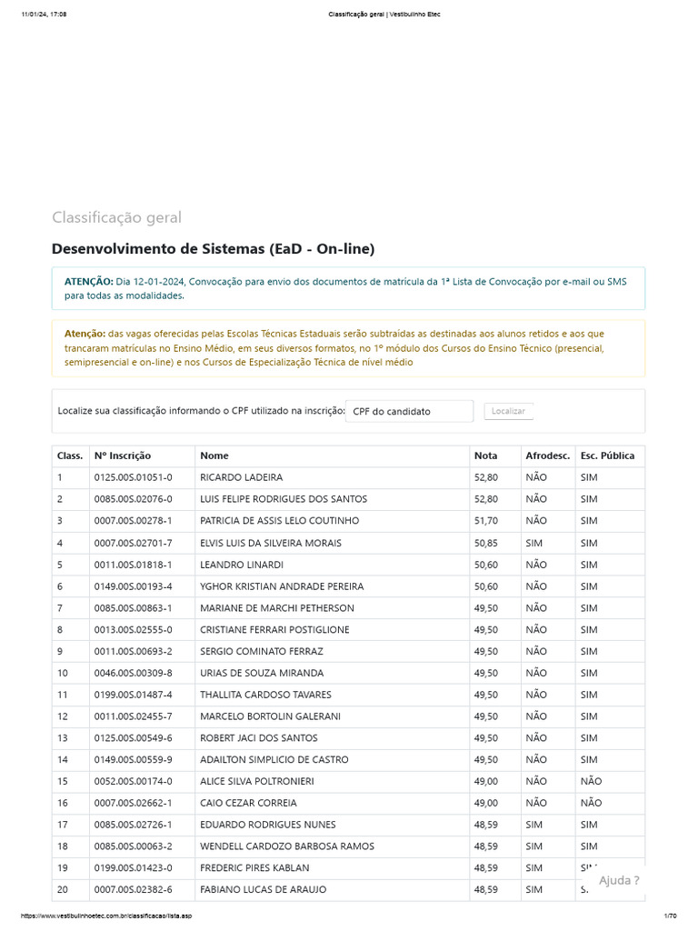 Classificação Geral _ Vestibulinho Etec - DS | PDF | Brasil