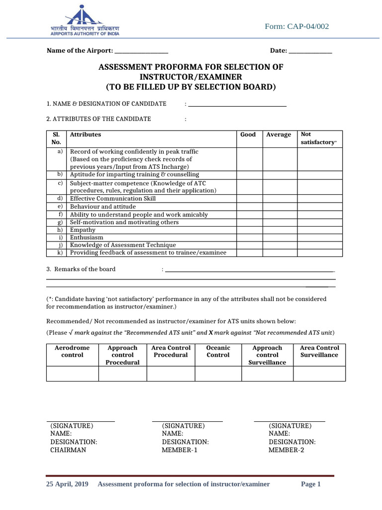 Form CAP 04-002- Assessment Proforma for Selection of Instructor and ...