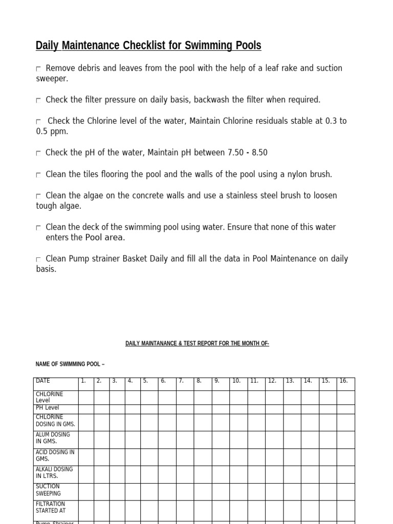 Daily Check List & Daily Report Card For Swimming Pool | PDF