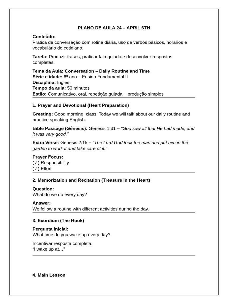 PLANO DE AULA 24 (6TH) - APRIL 6TH | PDF