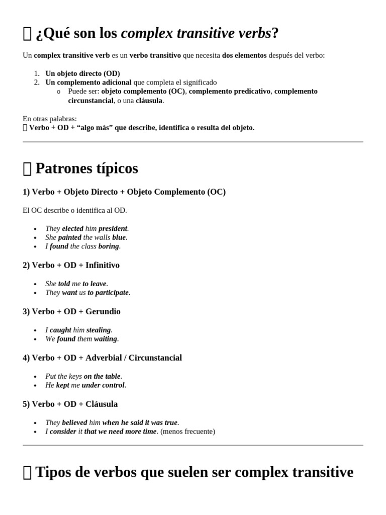 Qué Son Los Complex Transitive Verbs | PDF | Verbo | Oración (Lingüística)