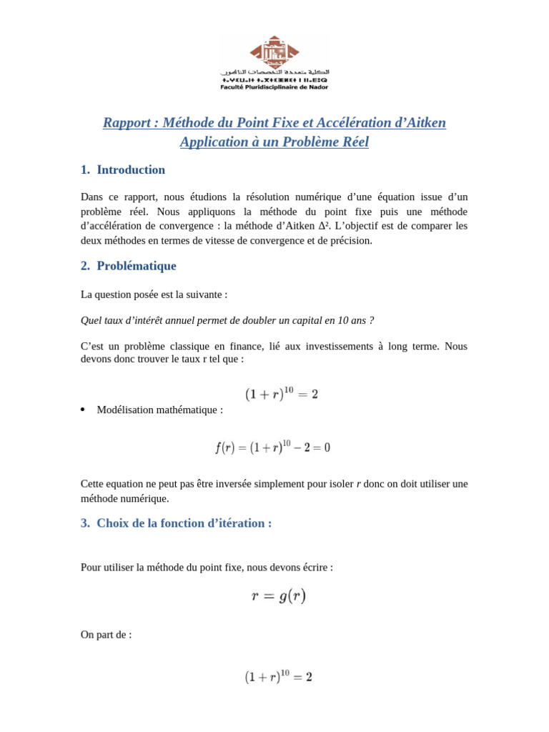Rapport Point Fixe Aitken | PDF | Équations | Analyse mathématique