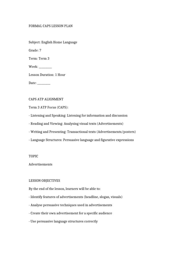 Grade 7 CAPS Advertisement Lesson Plan | PDF