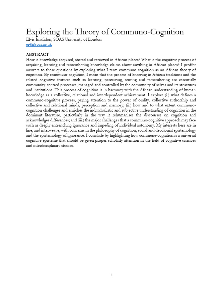 Communo-cognition - Imafidon | PDF | Epistemology | Cognitive Science