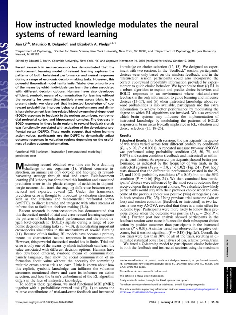 Instructed Knowledge and Reward Learning | PDF | Dorsolateral ...