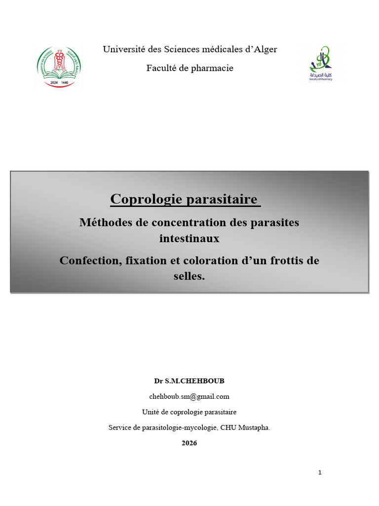 Coprologie Parasitaire: Méthodes de Concentration Des Parasites ...