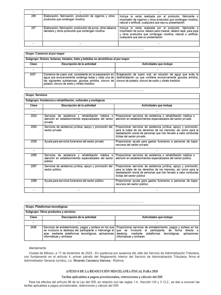 Anexo 8 Res. Misc. Fiscal 2026 (Tarifas Pagos Provisionales ...