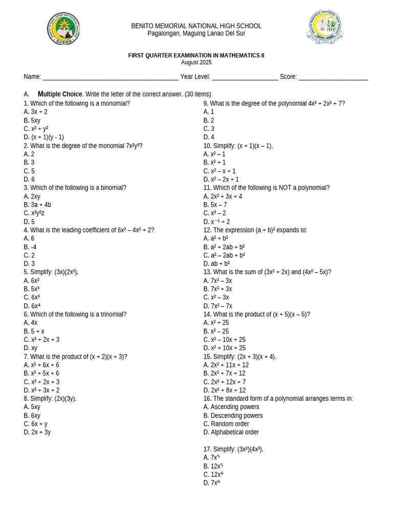 Mathematics 8 Examination | PDF | Algorithms | Mathematics Of Computing