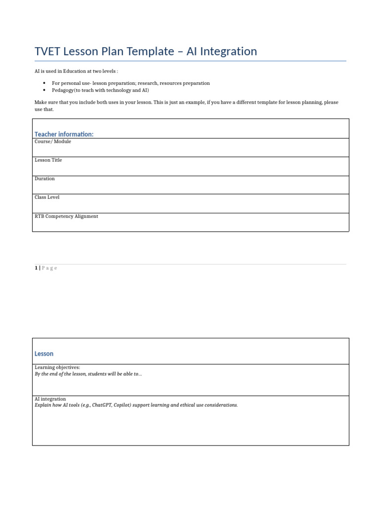 TVET Lesson Plan Template | PDF