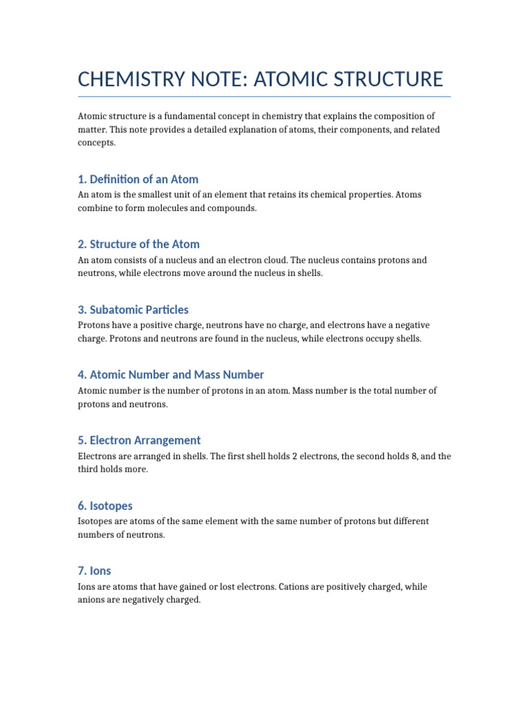 Atomic Structure Note | PDF