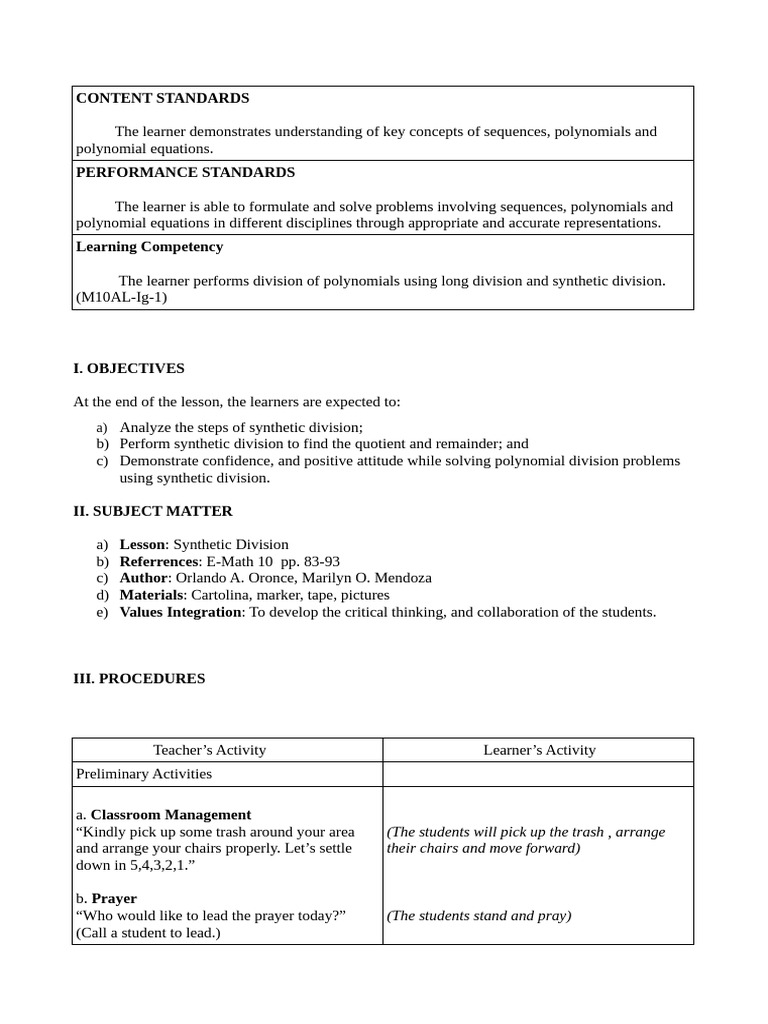 SYNTHETIC DIVISION | PDF | Algebra | Abstract Algebra