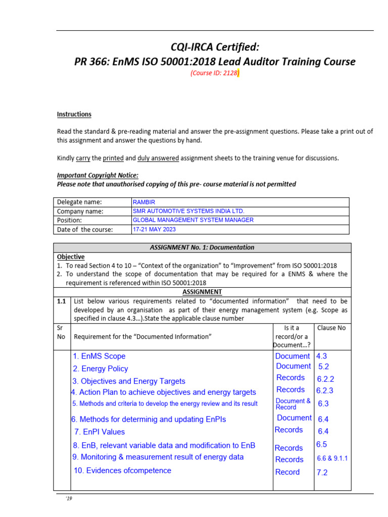 1.12 EnMS LA Precourse assignment | PDF | Audit | Business