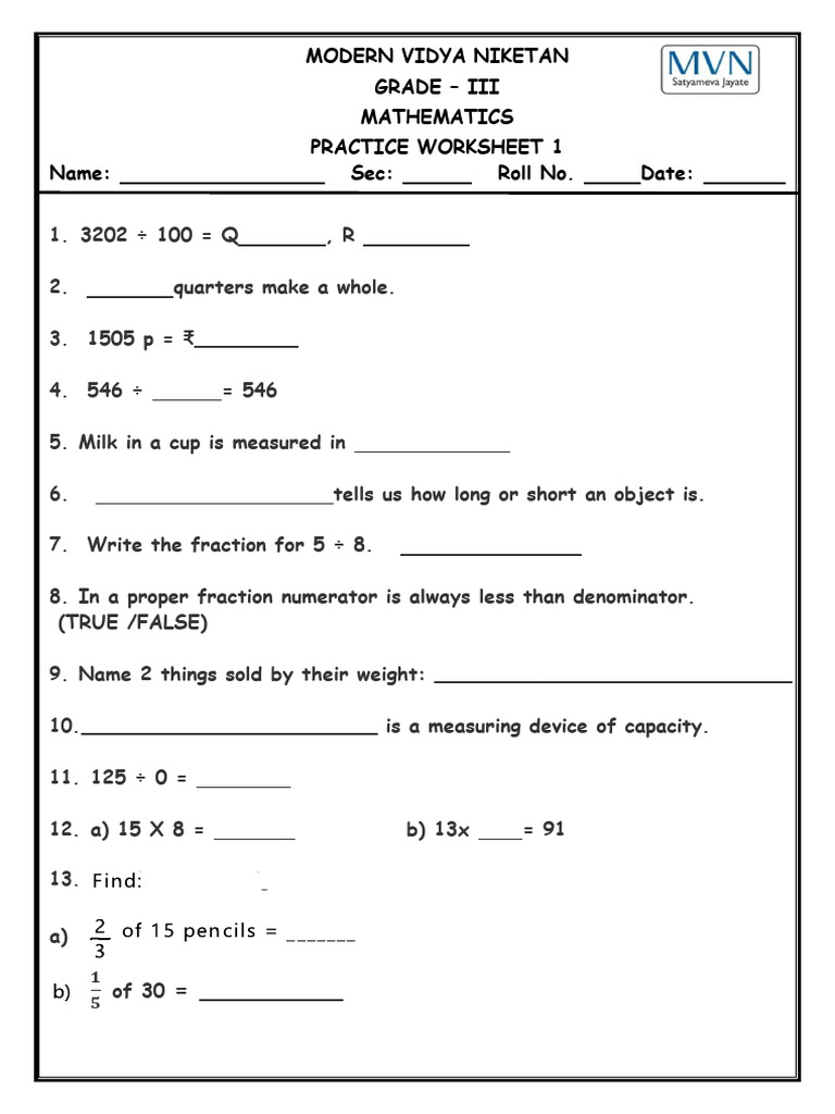 _grade III Math Practice Worksheet 1 | PDF