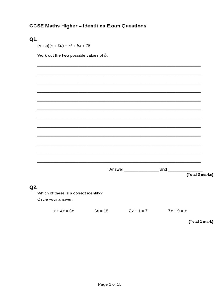 Identities Exam Questions | PDF | Mathematics