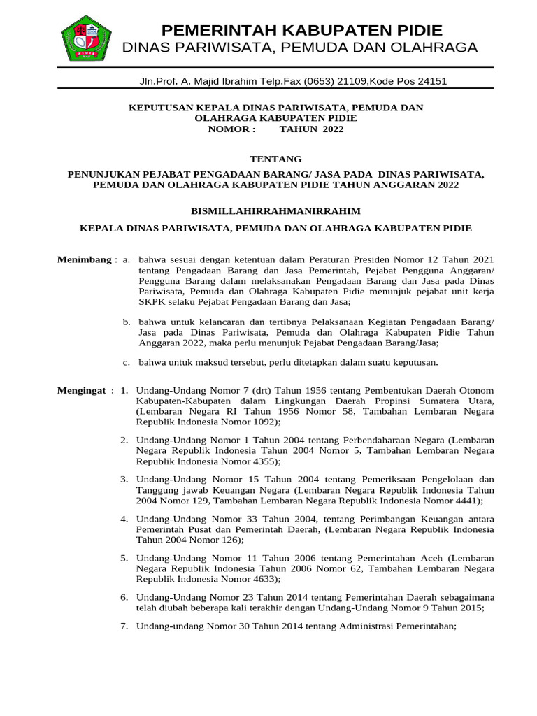 SK Pejabat Pengadaan Barang Jasa | PDF