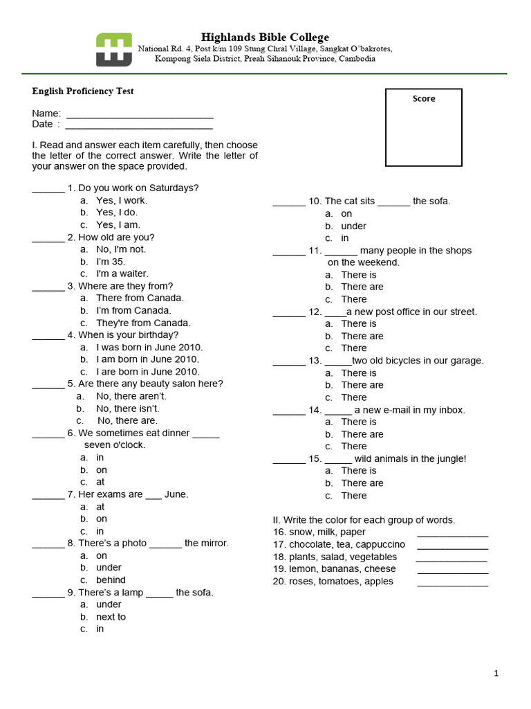 English Proficiency Test | PDF | Languages | Foreign Language Studies