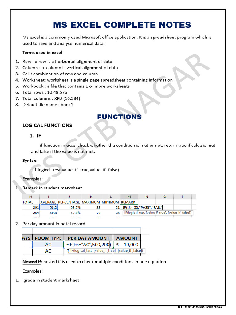 Ms Excel Complete Notes | PDF | Microsoft Excel | Spreadsheet