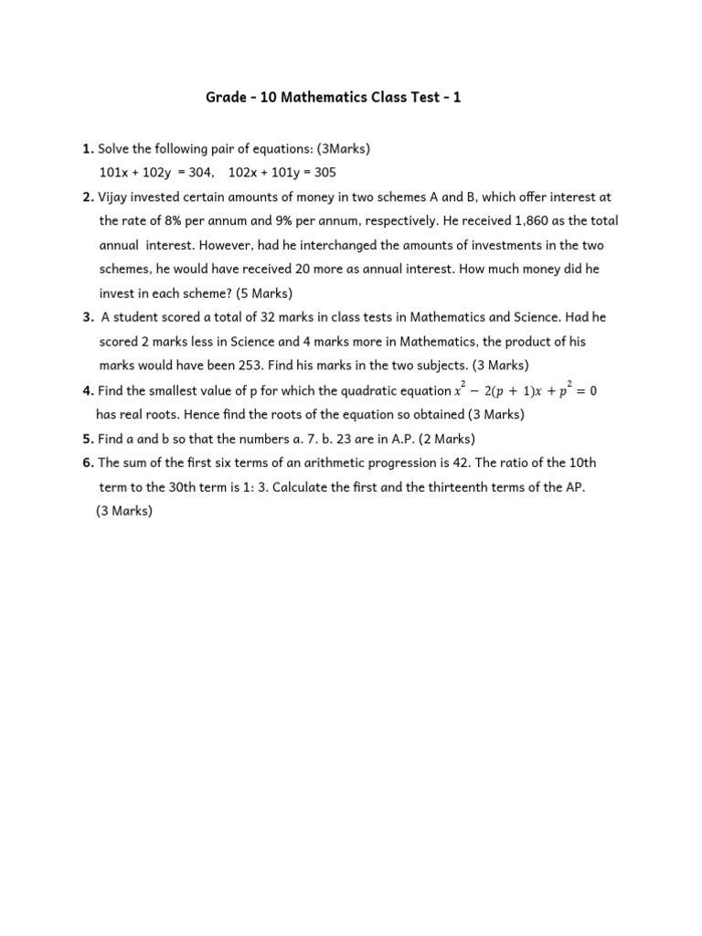 Grade - 10 Mathematics Class Test - 1 | PDF