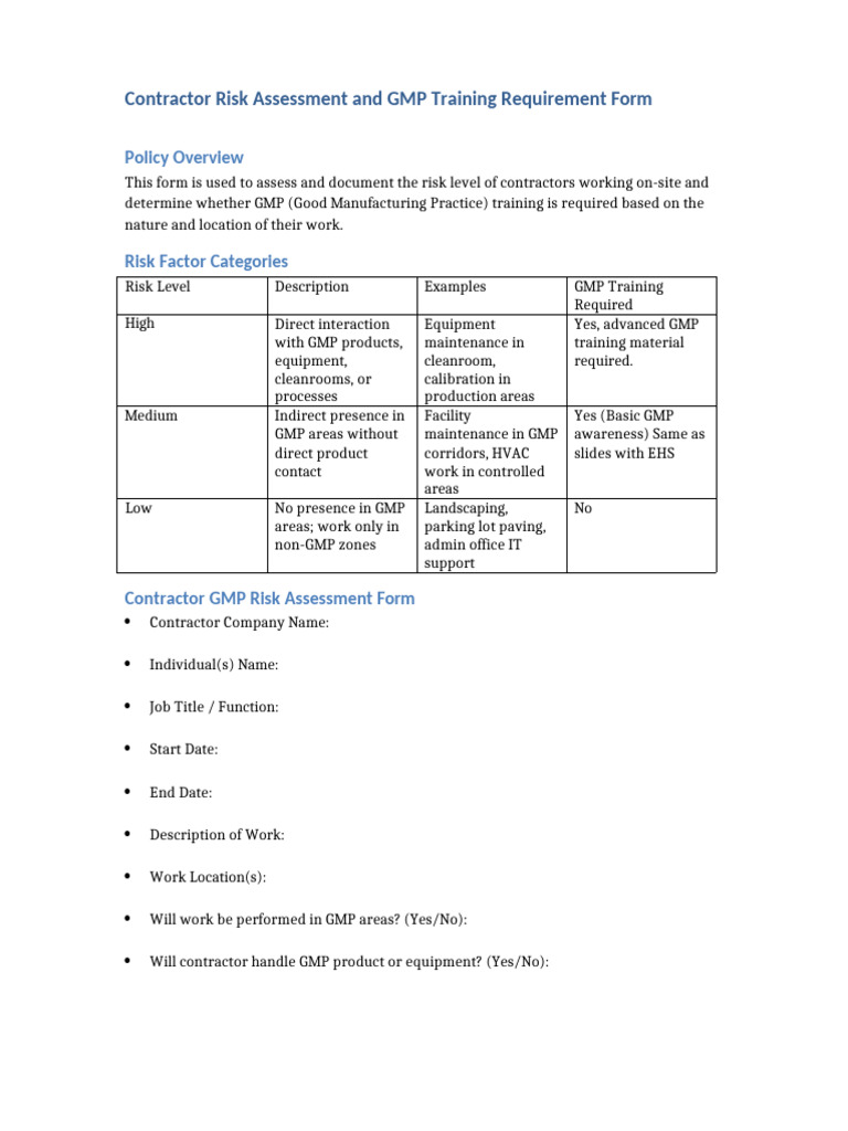 Contractor GMP Risk Assessment Form | PDF