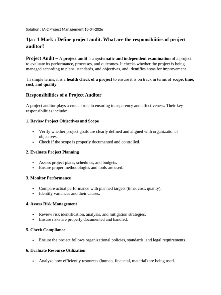 Solution IA2 Project Managment 10-4-26 (1) | PDF | Audit | Project ...