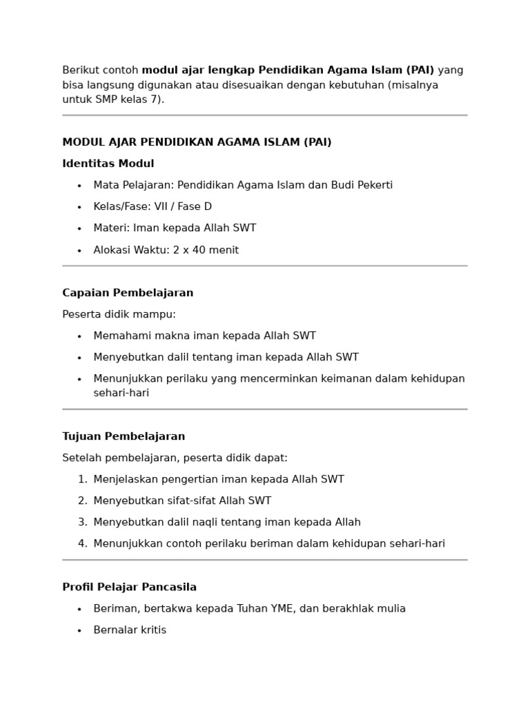 Berikut contoh modul ajar lengkap Pendidikan Agama Islam | PDF
