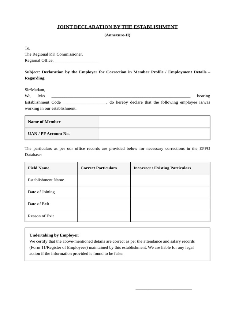 EPFO Joint Declaration Annexure II | PDF