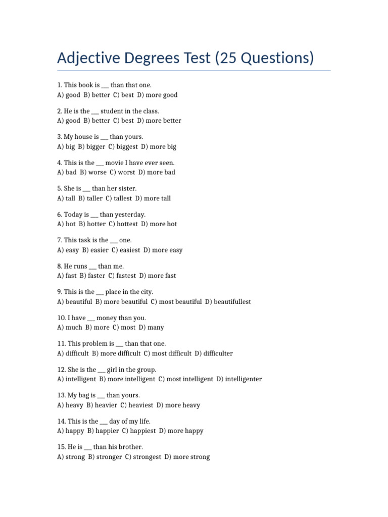 Adjective Degrees Test | PDF