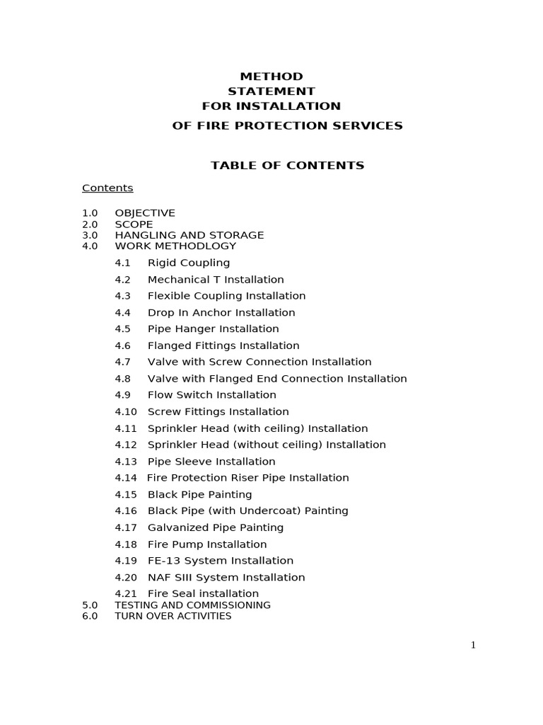 Method Statement Installation of Fire Protection System 1 | PDF | Pipe ...