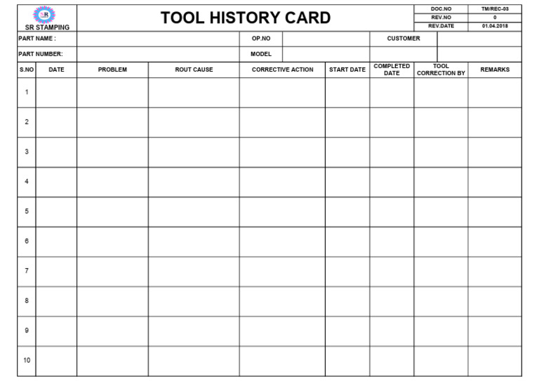 Tool History Card = Pad | PDF