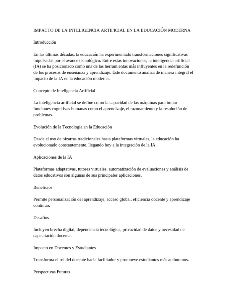 IMPACTO DE LA INTELIGENCIA ARTIFICIAL EN LA EDUCACIÓN MODERNA | PDF ...