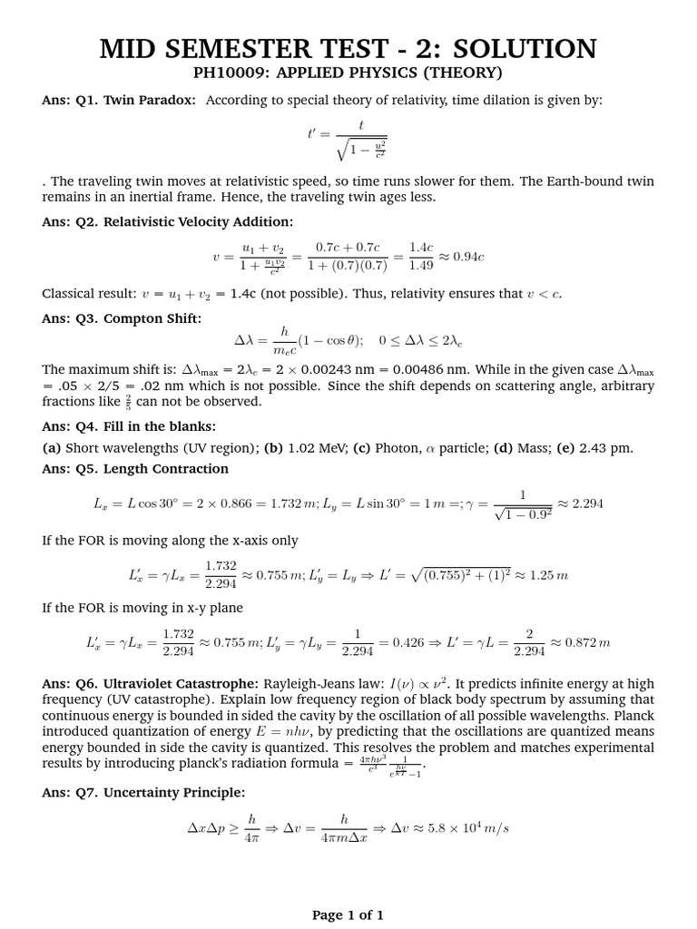 MST II March 2026 Solution | PDF | Theory Of Relativity | Special ...