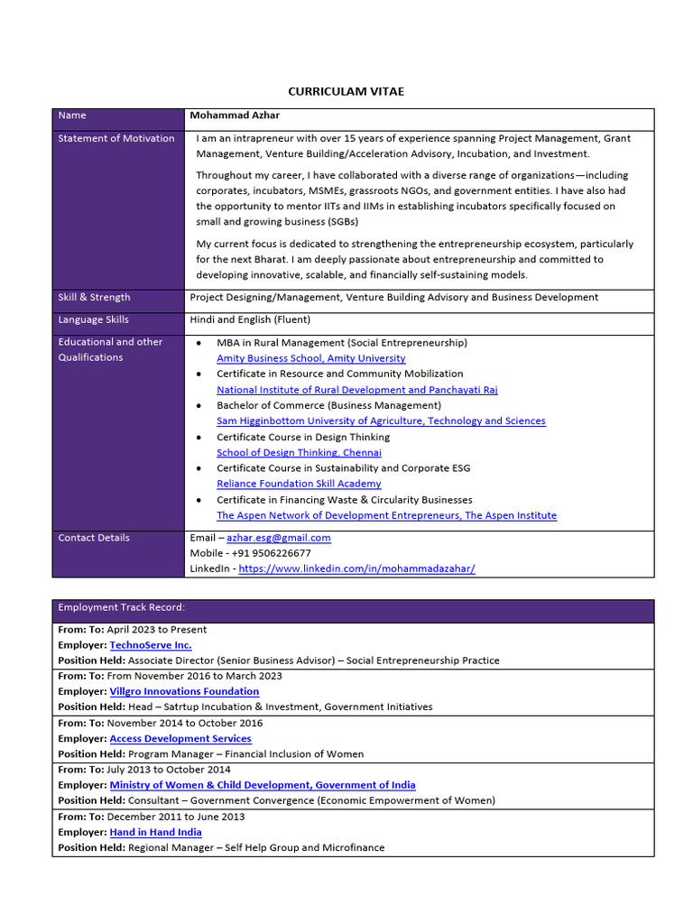 Azhar CV 2026 WF | PDF | Microfinance | Social Entrepreneurship