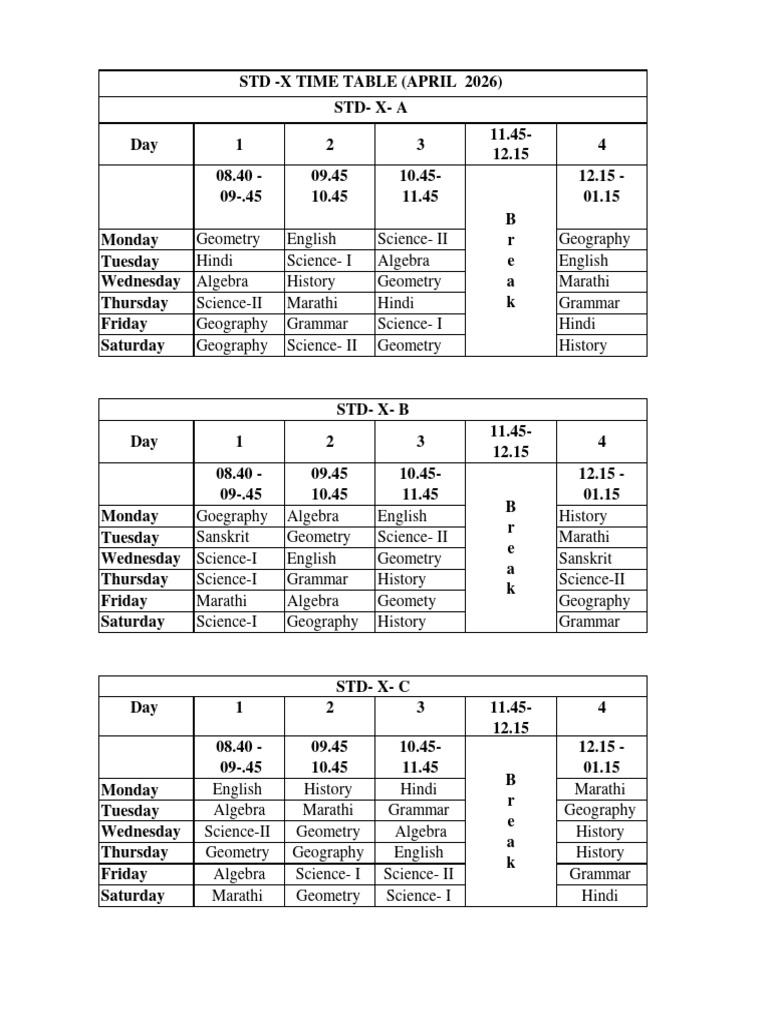 STD X Time Table 2026-27 (April) | PDF