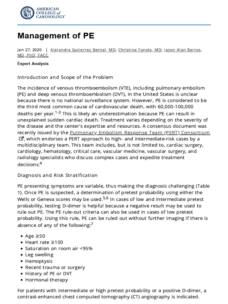 Management of PE - American College of Cardiology | PDF | Cardiology ...