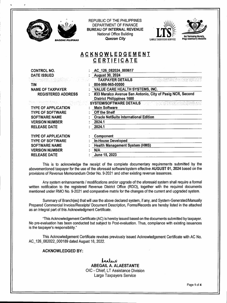 CAS EOPT Acknowledgement Certificate | PDF