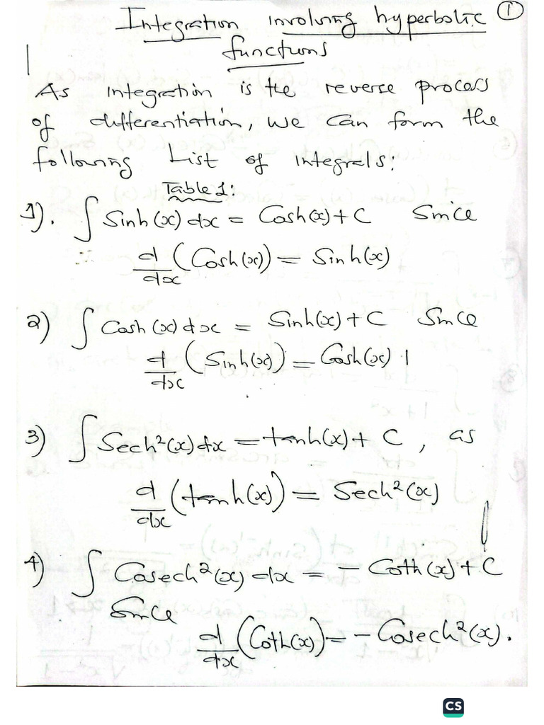 Integration Involving Hyperbolic Functions. | PDF