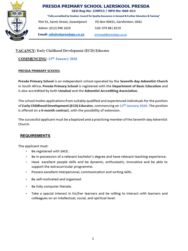 Advert_Presda Primary_Early Childhood Development Educator | PDF