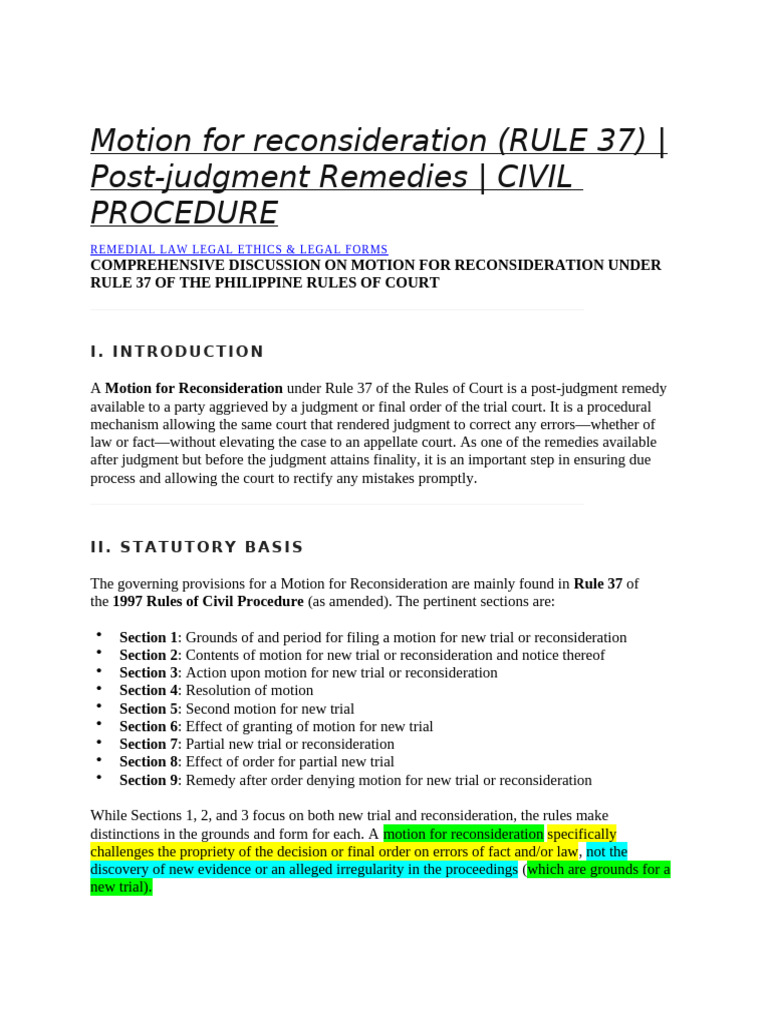 Motion for Reconsideration-Rule 37 | PDF | Judgment (Law) | Appeal
