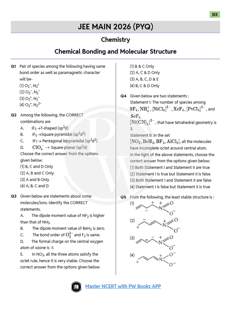 JEE Main 2026 Qs Chemical Bonding and Molecular Structure | PDF ...