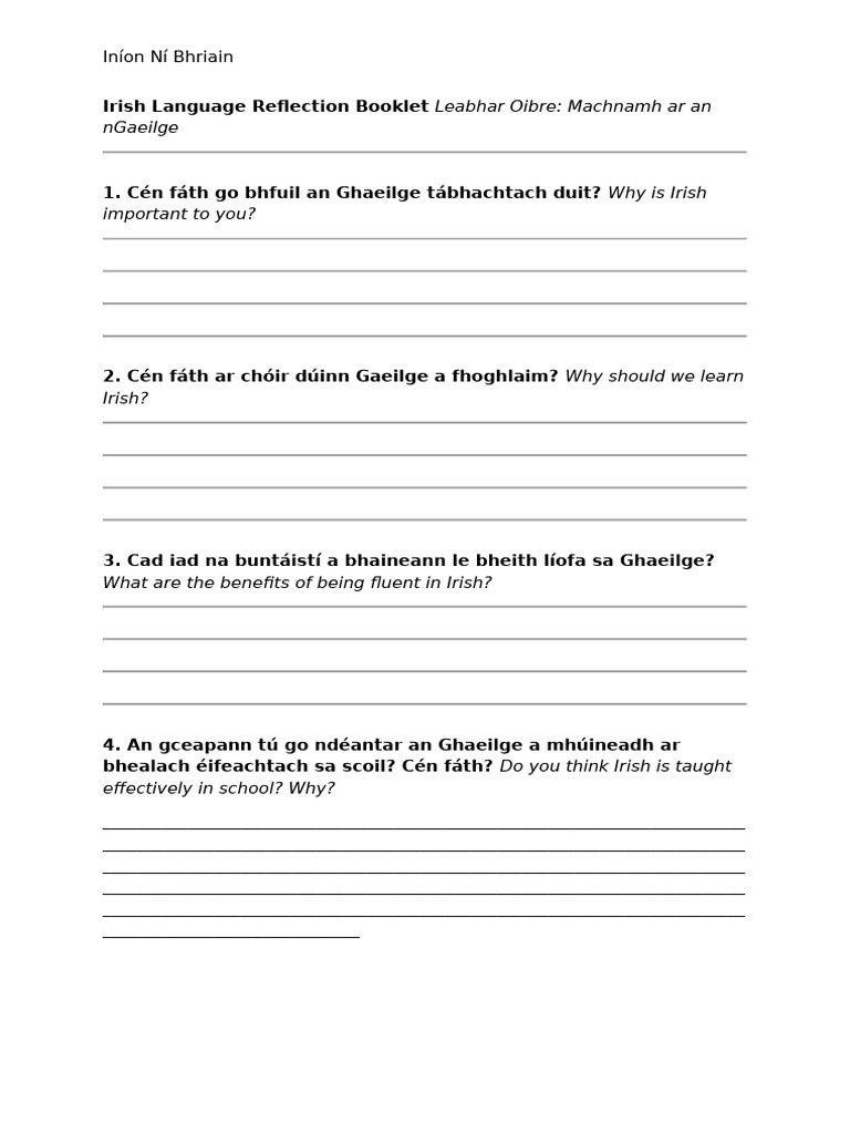 Irish Language Reflection Booklet Leabhar Oibre | PDF