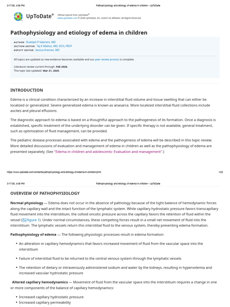 (UpToDate) - Pathophysiology and Etiology of Edema in Children | PDF ...