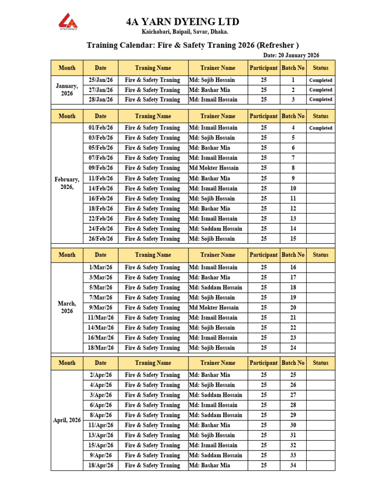 Refresher Fire & Safety Traning Calendar 2026 | PDF