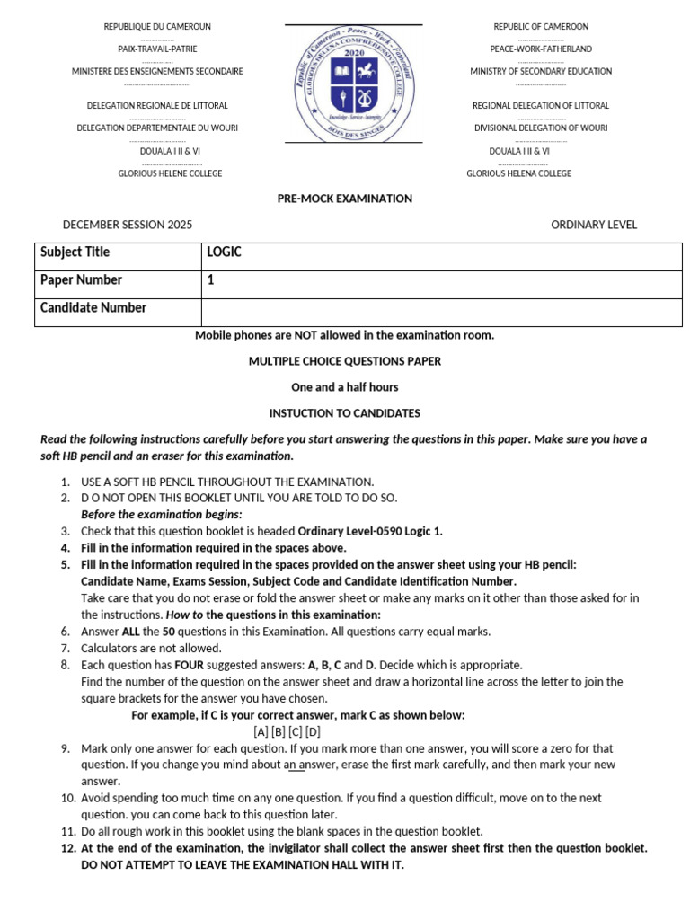 Premock Exams Logic Paper 1 | PDF | Fallacy | Mathematical Logic