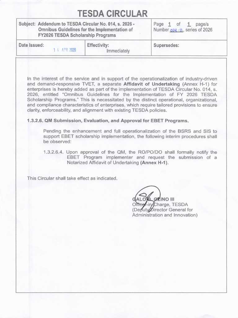 TESDA Circular No. 014-B-2026 | PDF | Audit | Vocational Education