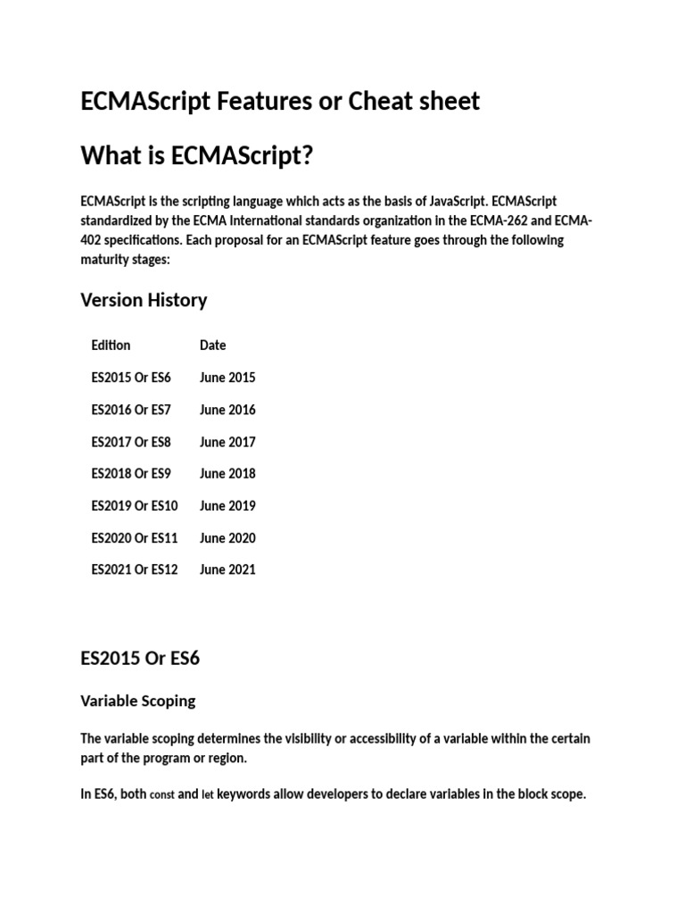 ECMAScript Features or Cheat Sheet | PDF | Constructor (Object Oriented ...