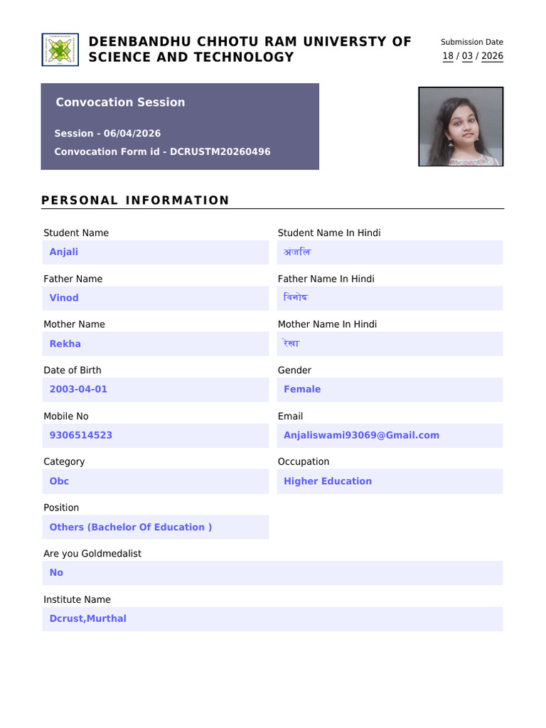 Convocation Form Anjali | PDF