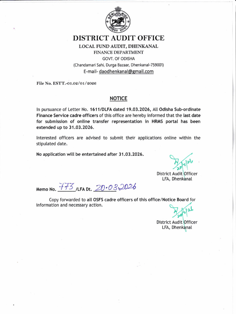 Notice Regarding Submission of Online Transfer Representations in HRMS ...