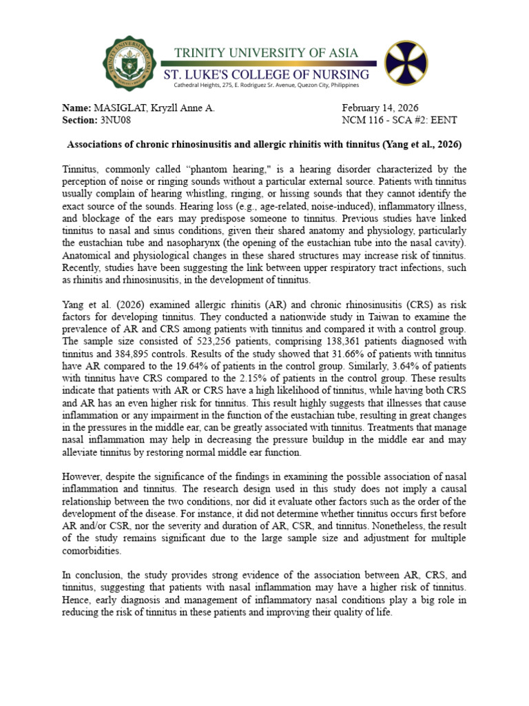 MASIGLAT_ENT Journal Syntesis | PDF | Tinnitus | Diseases And Disorders